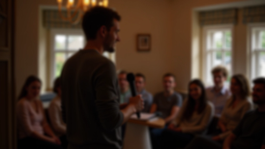 Person standing at a microphone in a supportive small group workshop setting