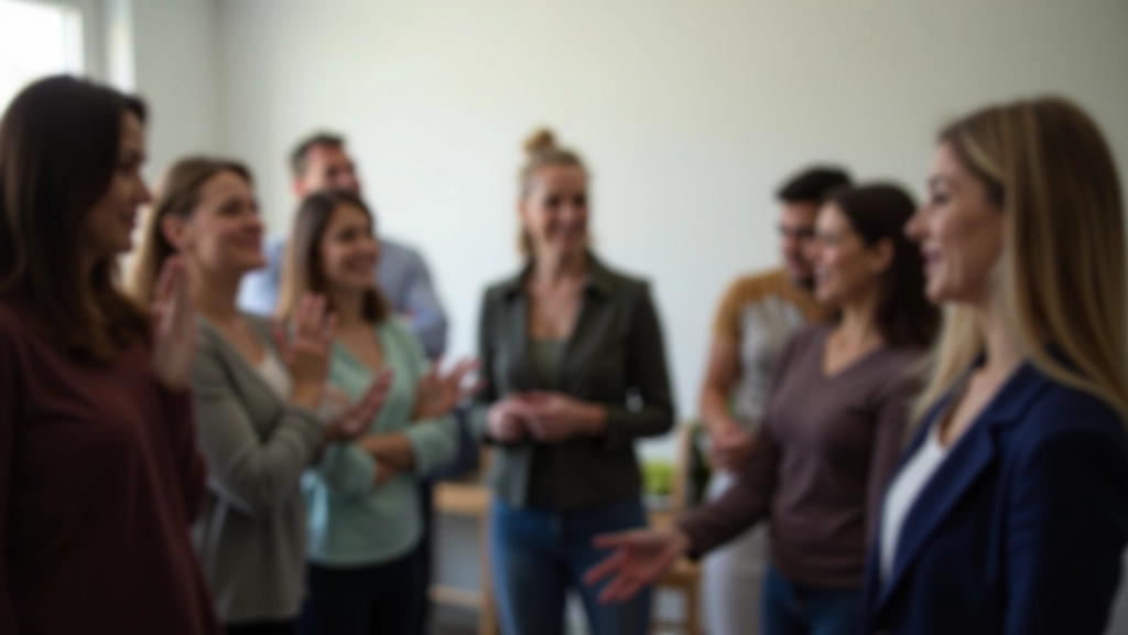 Group of people in a circle practicing presentation posture in a supportive workshop