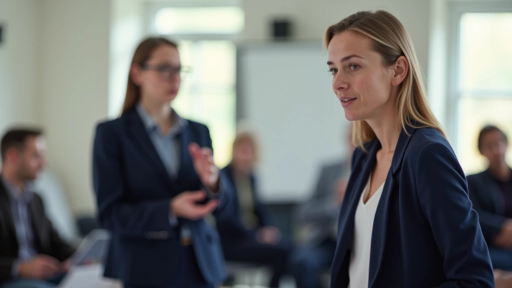 Woman in professional blazer speaking in a bright room with audience members seated